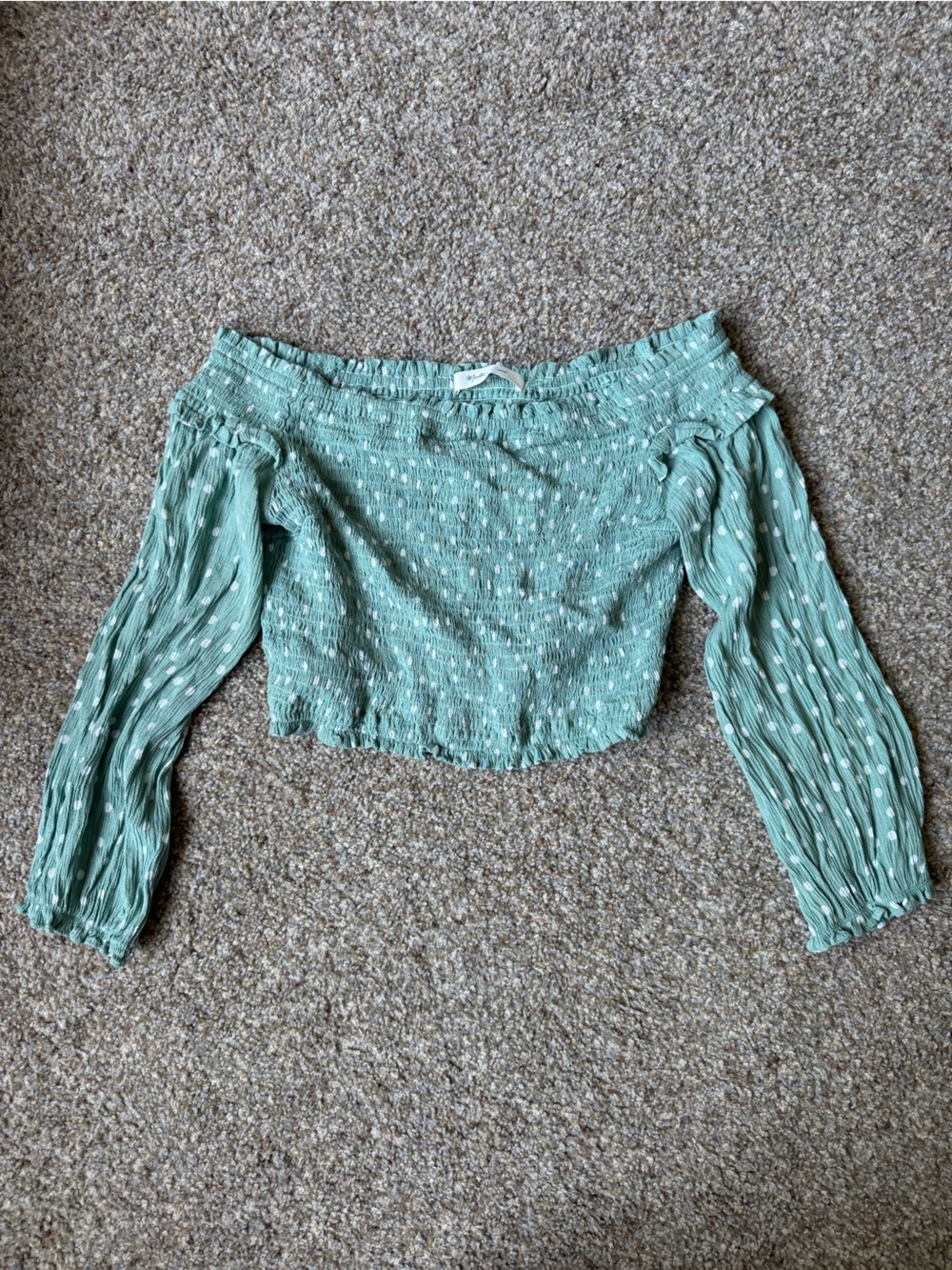 Off-the-Shoulder Long Sleeve Crop Top in Green